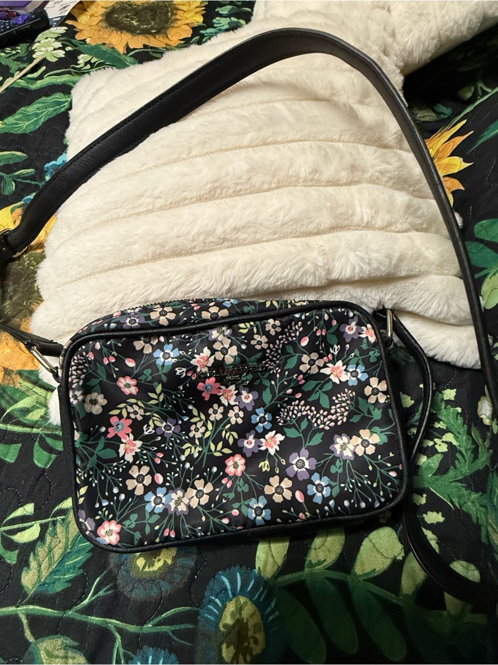 Floral Crossbody Bag - Black with Multicolor Floral Print